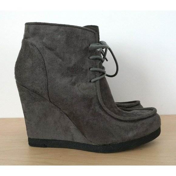 NINE WEST Gray Suede Lace Up Wedge Ankle Boots - Picture 2 of 8